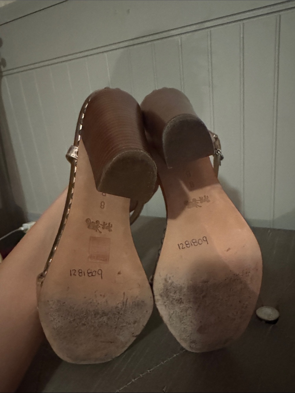 Coach Metallic Rose Gold Block Heel Sandals with Studded Trim - Picture 7 of 8